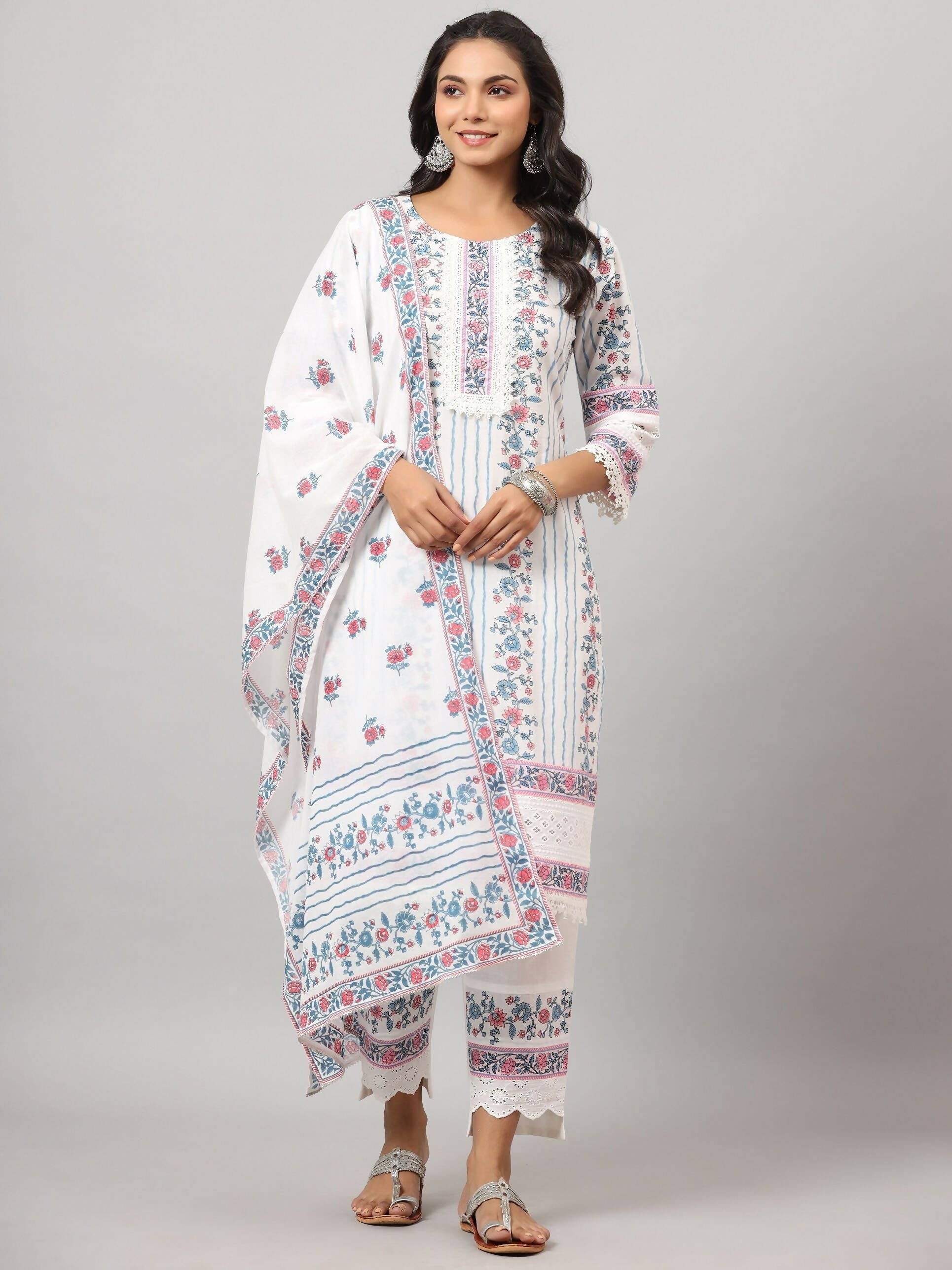 Juniper Women's Off-White Cambric Printed Stright Kurta Sets