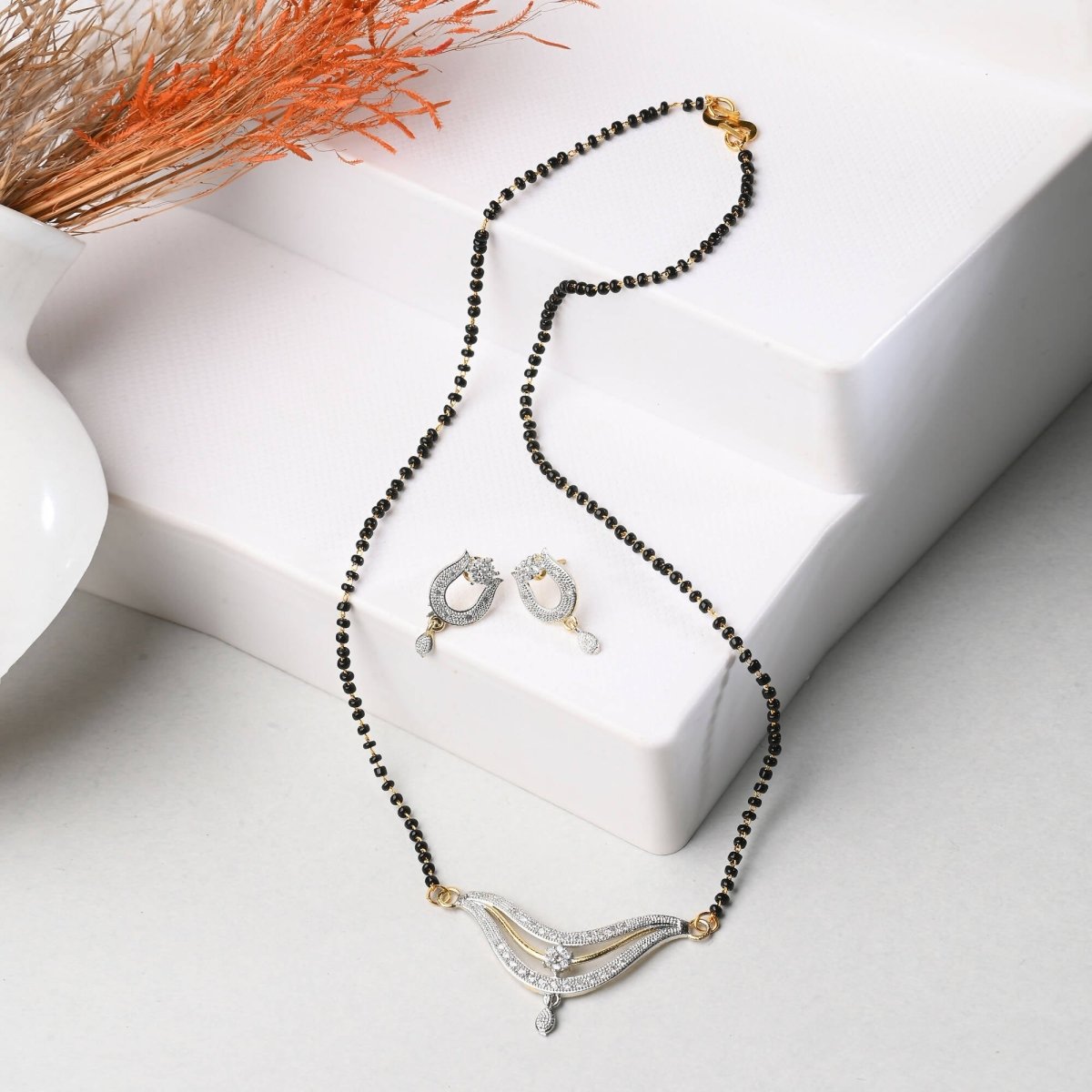 AanyaCentric Gold-Polished Mangalsutra with Pendant, 2 Pair Earrings