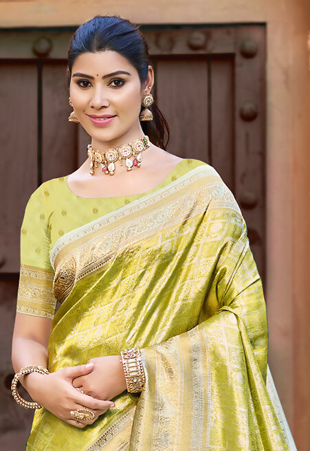 Sangam Prints Light Green Kanjivaram Silk Woven Work Traditional Saree