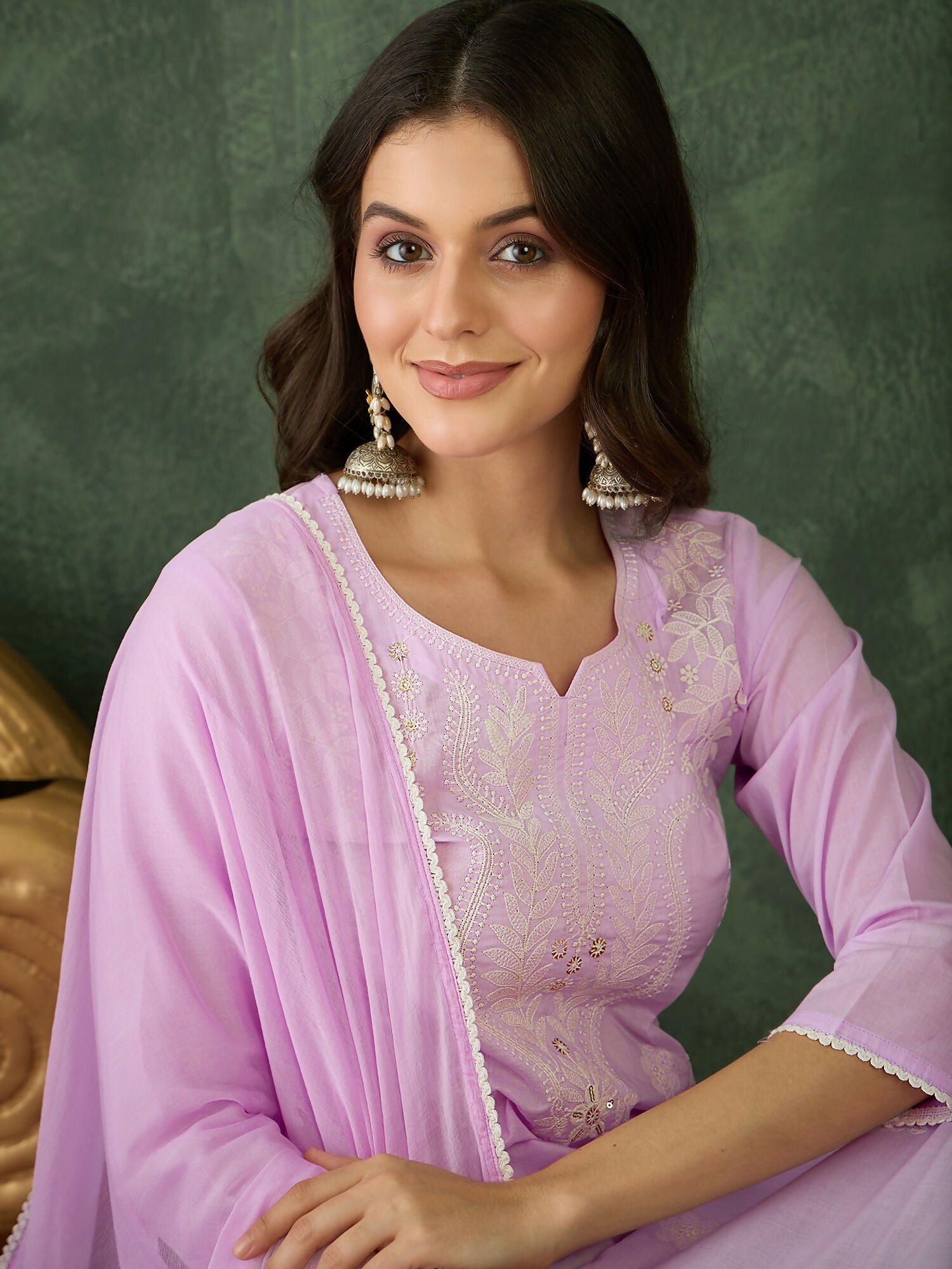 The52 Purple Women's Gorgeous Cotton Blend Fabric Thread Work Straight Kurta, Pant and Dupatta Set