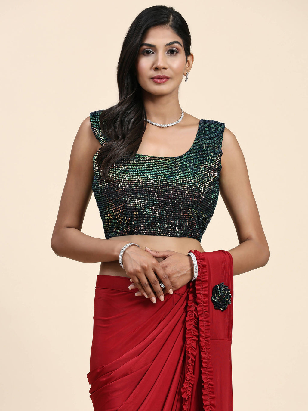 Red Imported Fabric Plain Ready to wear Saree with stitched Blouse - Vrinda