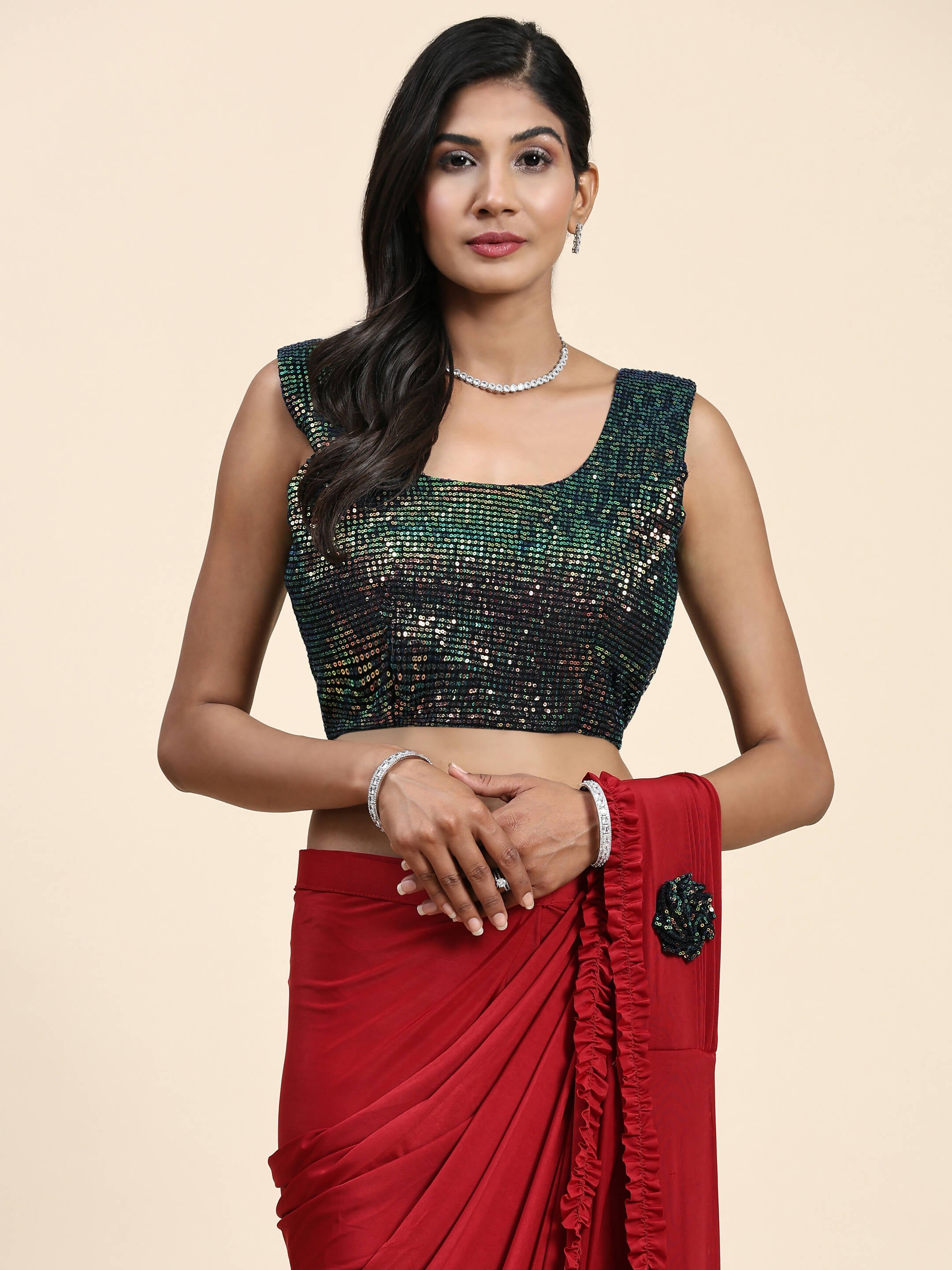Red Imported Fabric Plain Ready to wear Saree with stitched Blouse - Vrinda
