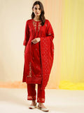 Red Chinon Embroidered Straight Kurta with Trouser & Dupatta - Salimar