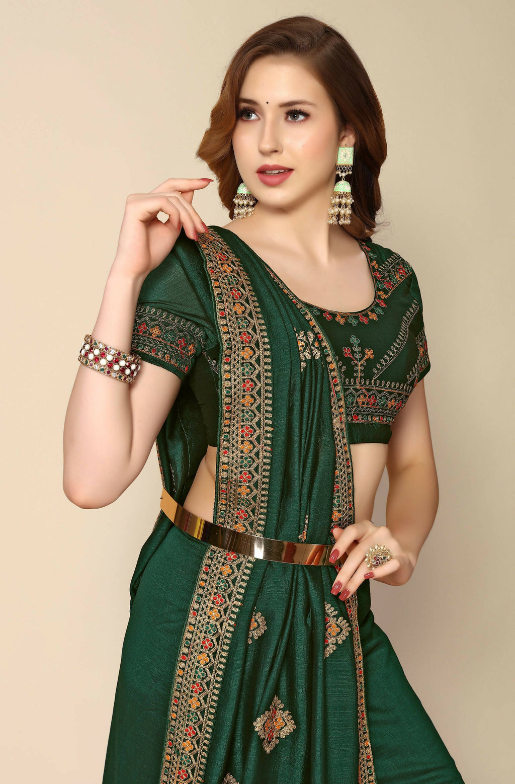 Green Chinon Embroidered Saree with Unstitched Blouse Piece - Roozal