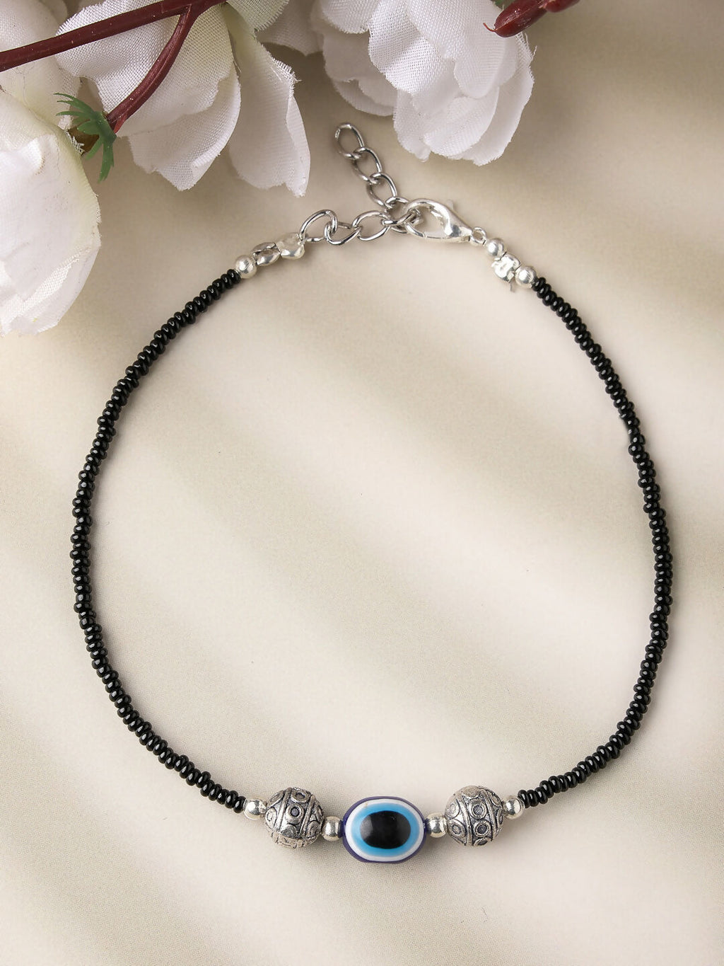 NVR Women Set of 2 Brass-Plated Stone-Studded & Evil Eye Beaded Anklet