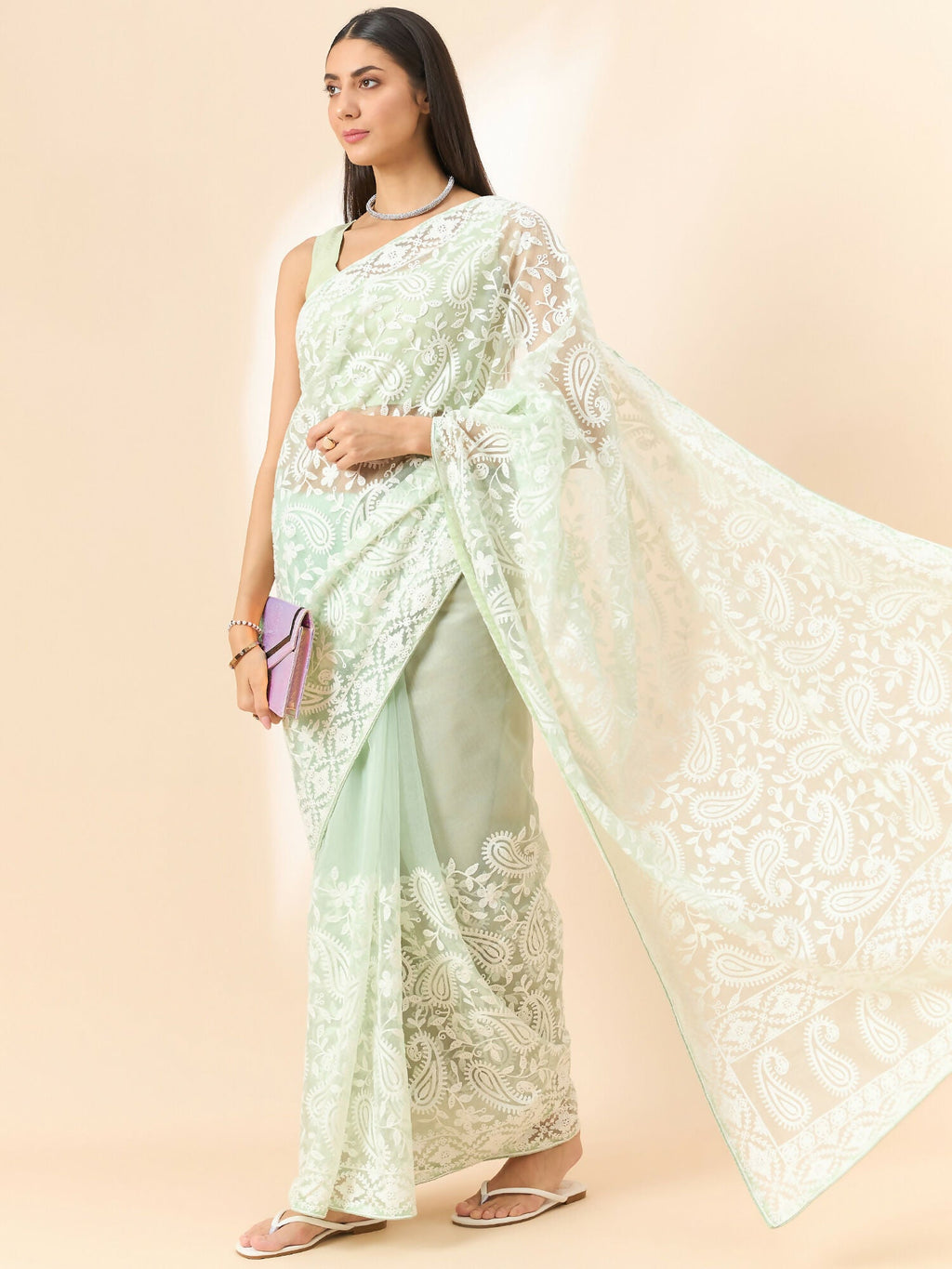 Green Organza Paisely Embroidered Saree with Unstitched Blouse Piece - Roozal