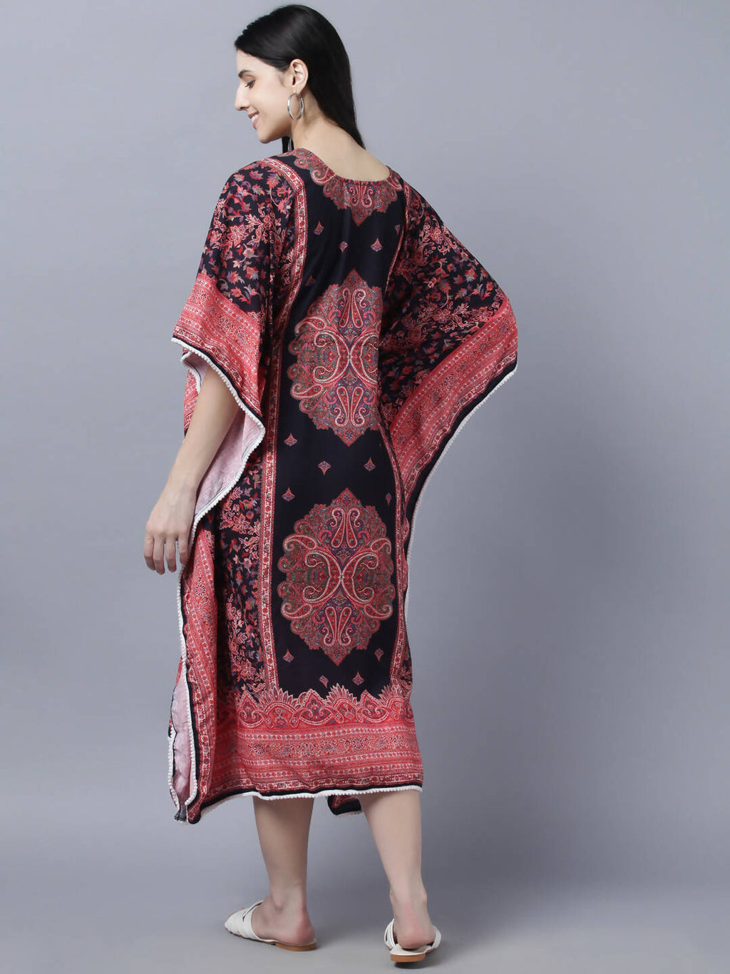 Myshka Peach-Coloured Purple Floral Kaftan Midi Dress