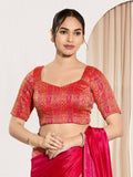 Joban Fashion Red Brocade Padded Blouse With Round Neck Elbow Sleeves