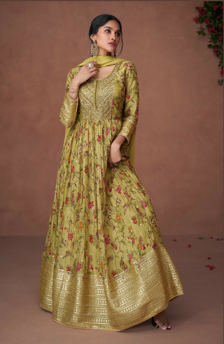 Vastranavya Green Floral Printed Anarkali Suit Set with Foil Mirror Work
