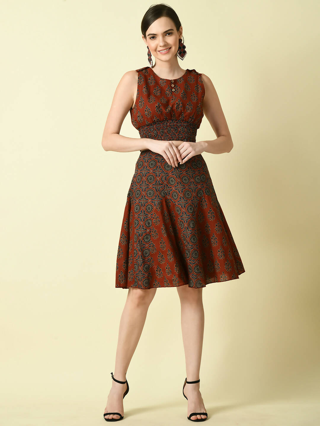 Myshka Women's Rust Round Neck Top With Skirt