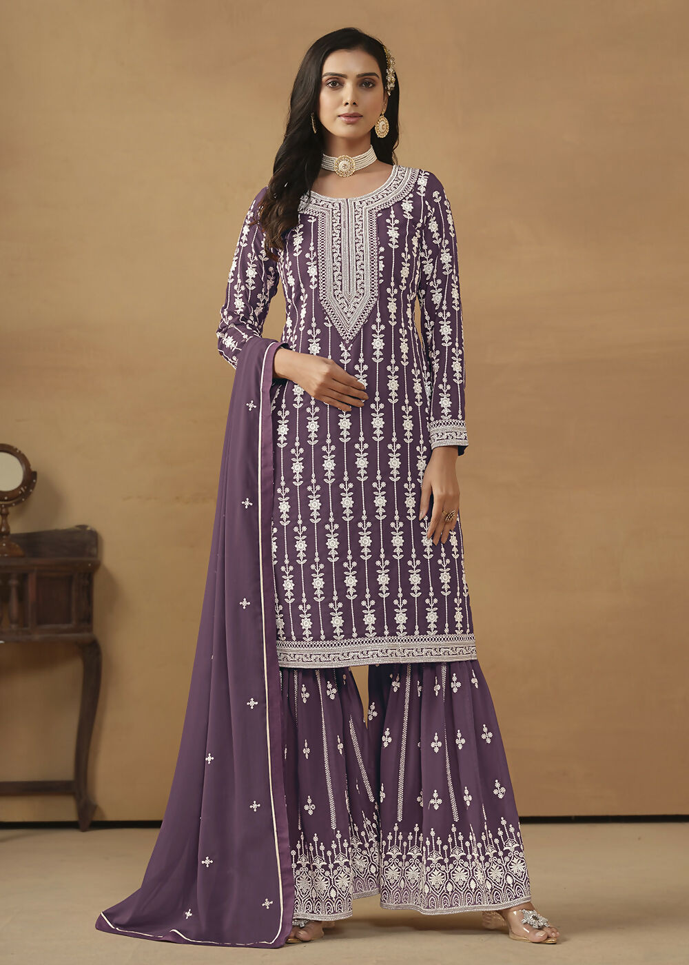 Radiant Purple Embroidered Wedding Festive Gharara Suit - Emponline