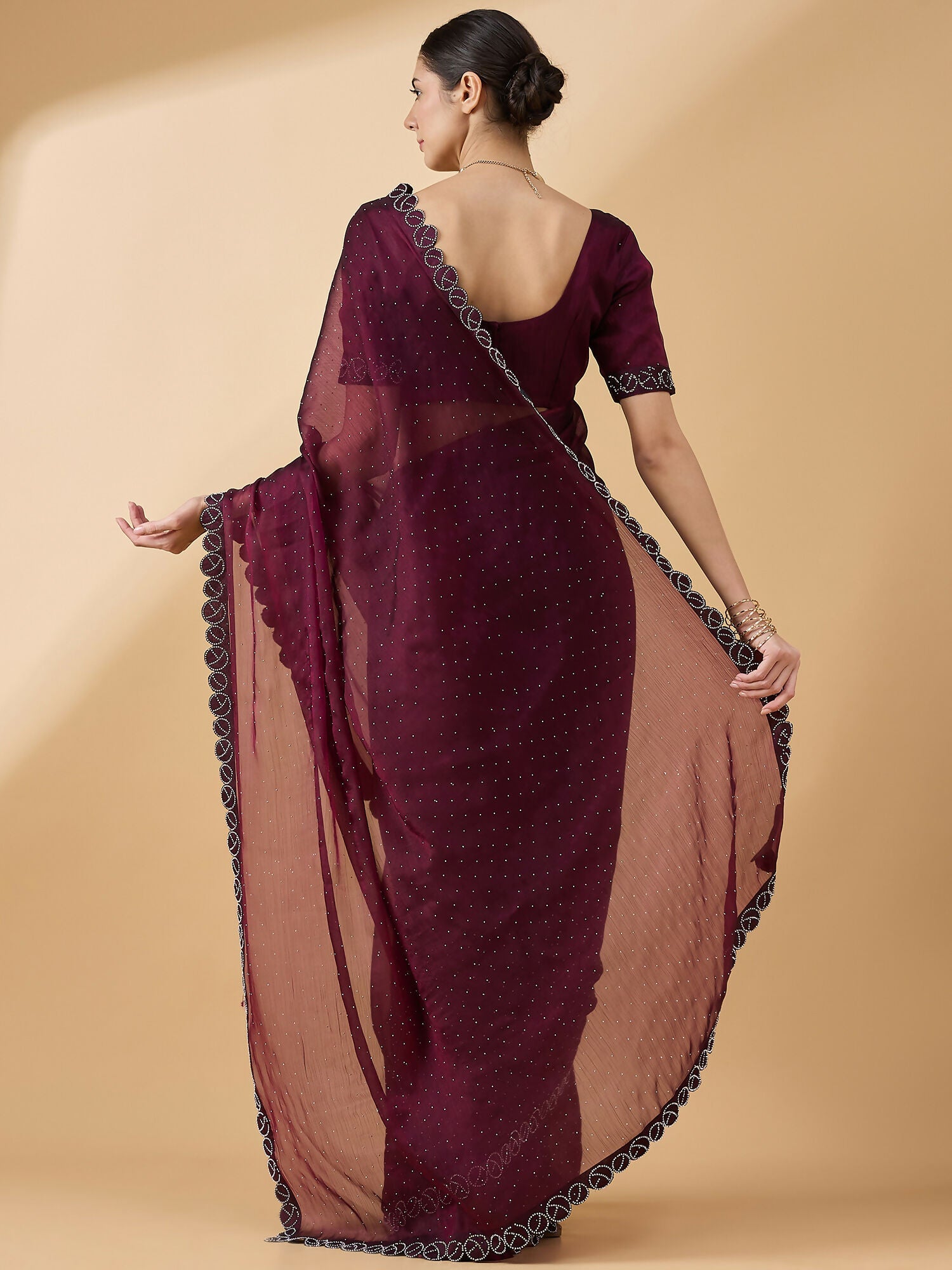 Purple Organza Swaroski Diamond Work Saree with Unstitched Blouse - Radha