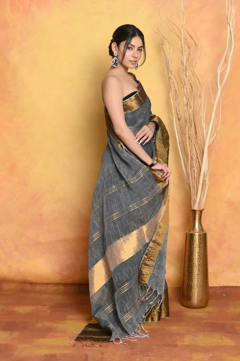 Very Much Indian Handloom Pure Cotton Linen Saree With Golden Border - Grey Gold
