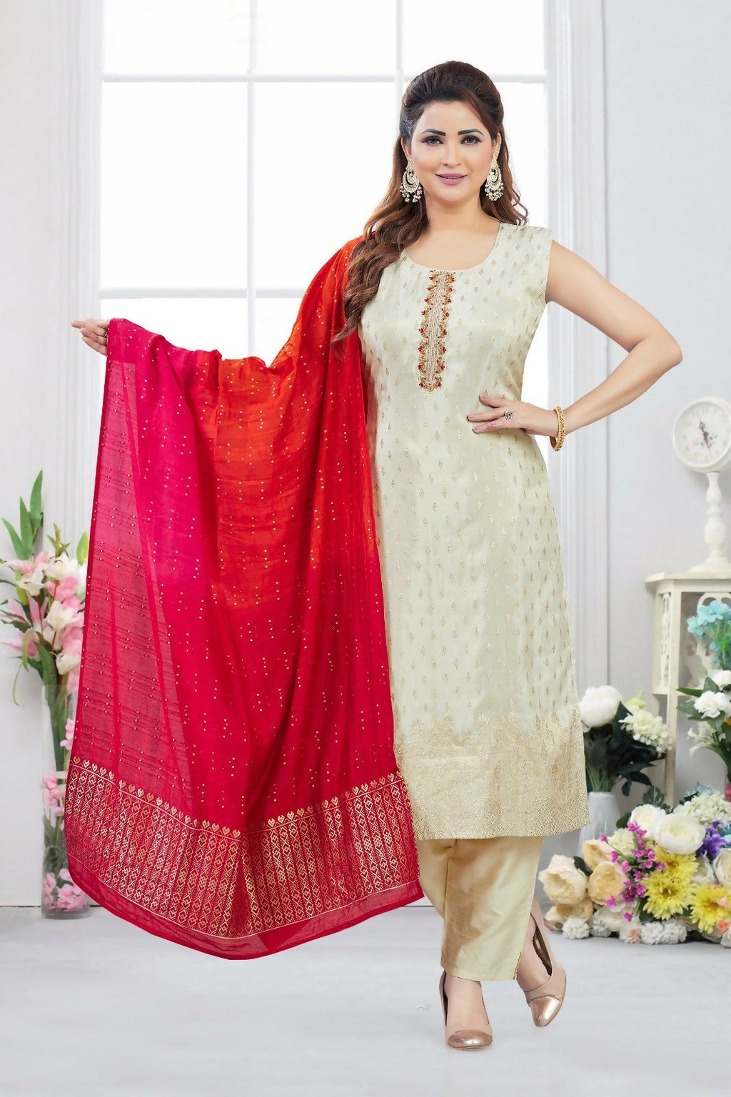 Joban Fashion Jacquard Cream Color Kurta Set