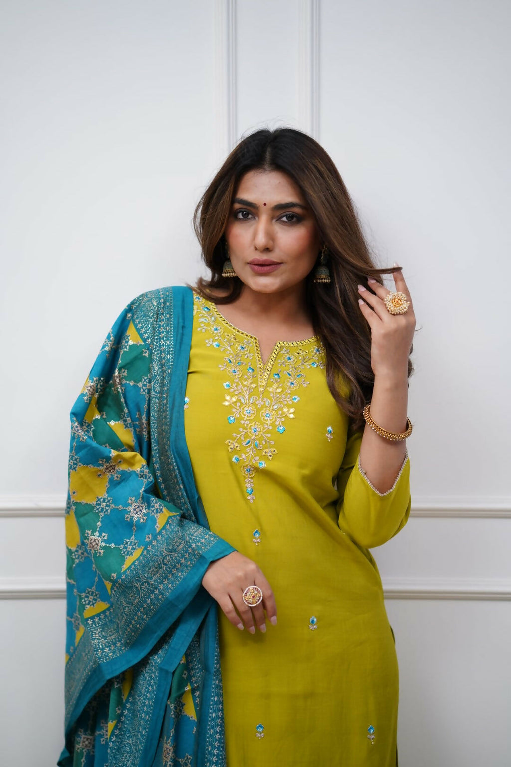 The52 Lemon Beautiful Embroidered Viscose Chanderi Fabric Straight Kurta Pant with Dupatta Set