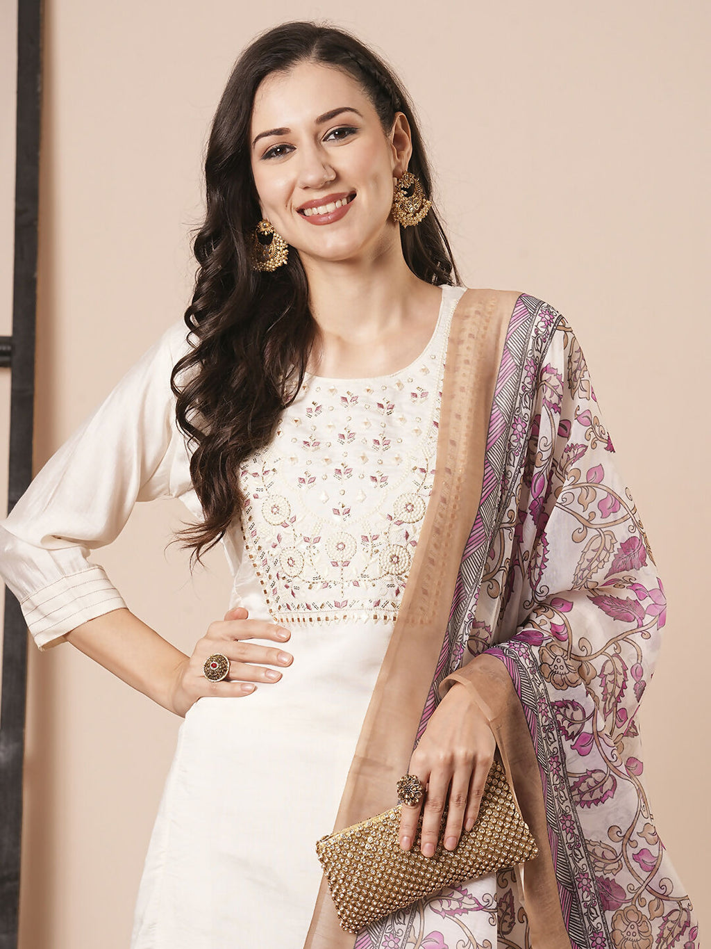 Cream Chanderi Embroidery Work, Printed Kurta Set - Riya