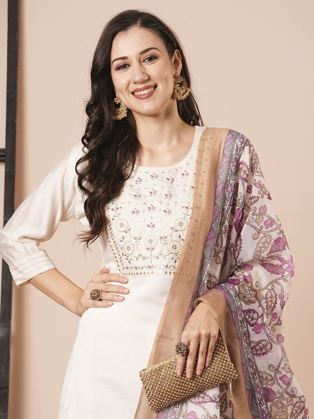 Cream Chanderi Embroidery Work, Printed Kurta Set - Riya