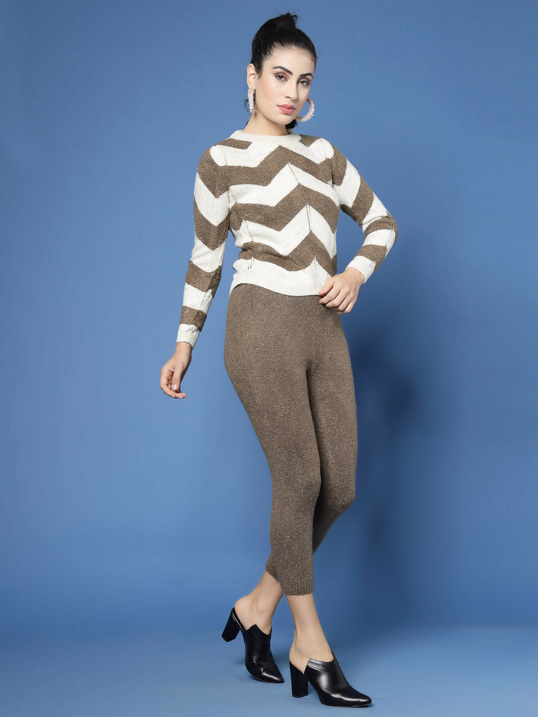 Women Cream Acrylic Stripe & Solid Winter Co-Ord Set - Wool Trees
