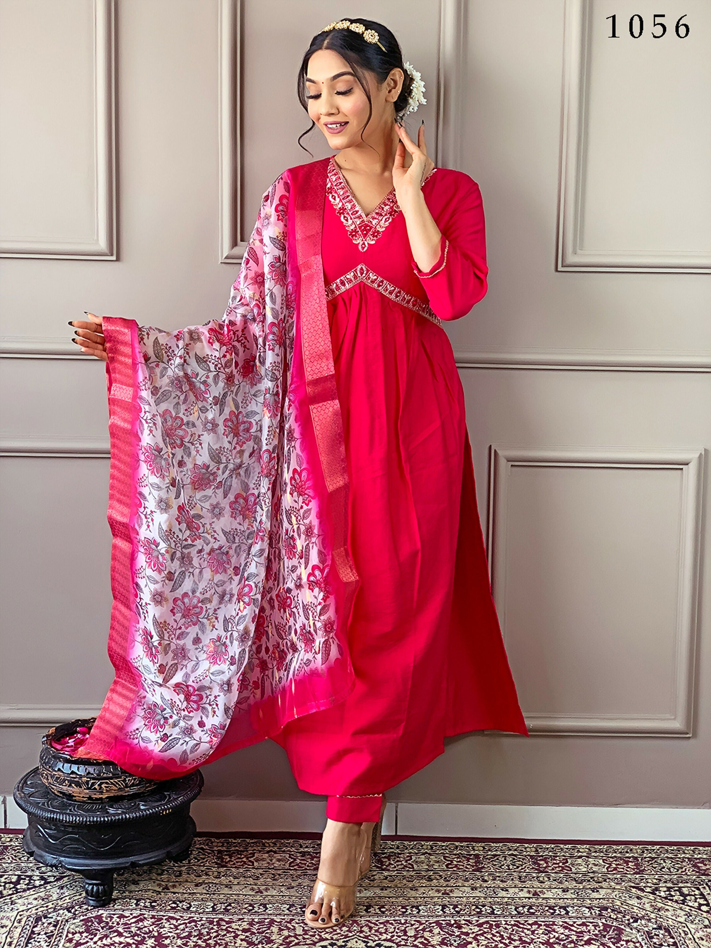Partywear Designer Viscose Chanderi Red Stitched Suit With Dupatta - Anbazaar