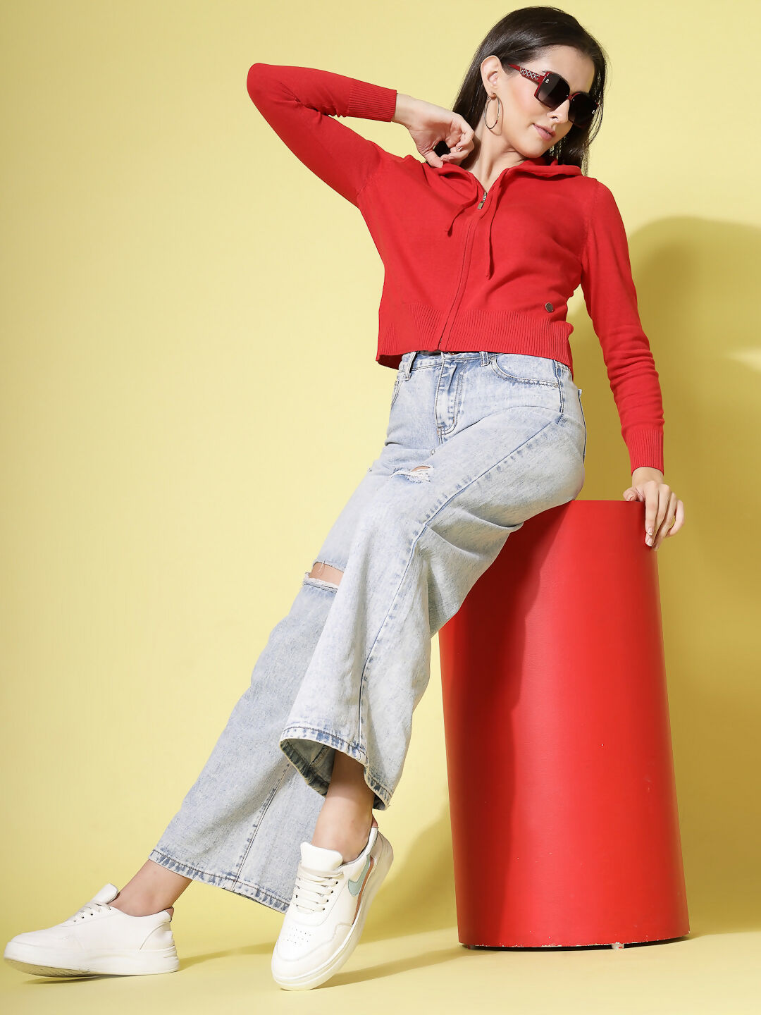 Women Winter Red Cotton Cardigan - Wool Trees