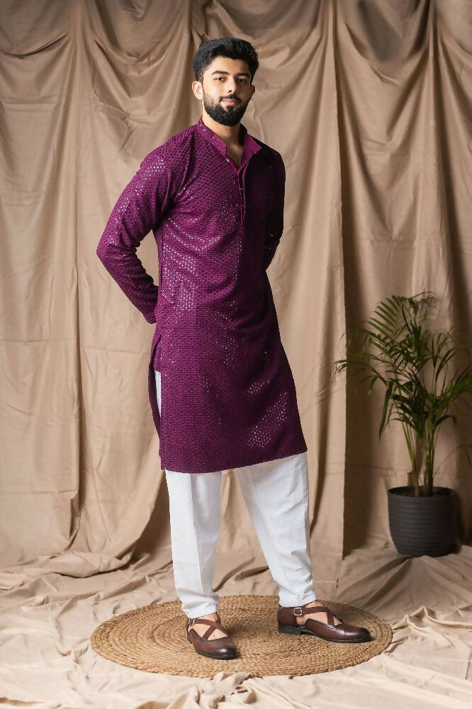 Wine Rayon Thread Embroidery Work Kurta Set - Mahotsav