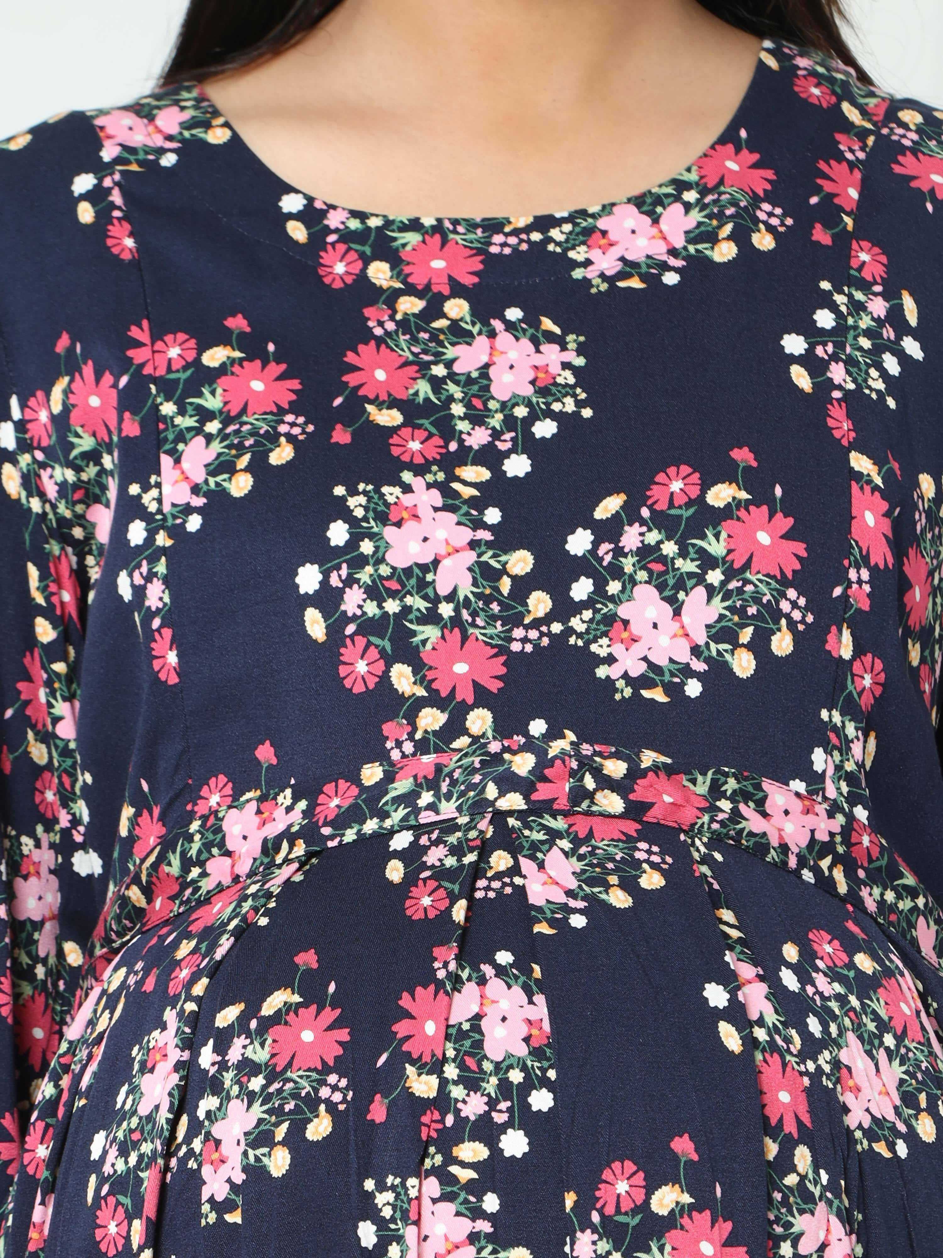 Manet Three Fourth Maternity Dress Floral Print With Concealed Zipper Nursing Access - Navy Blue