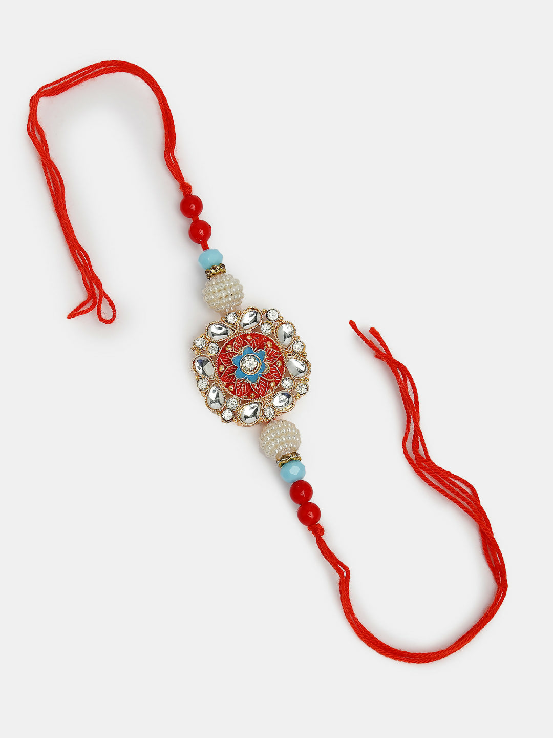 NVR Women & Men Set of 2 Red-colored Stone-Studded & Beaded Bhaiya Bhabhi Rakhi With Roli Chawal & Chocolate