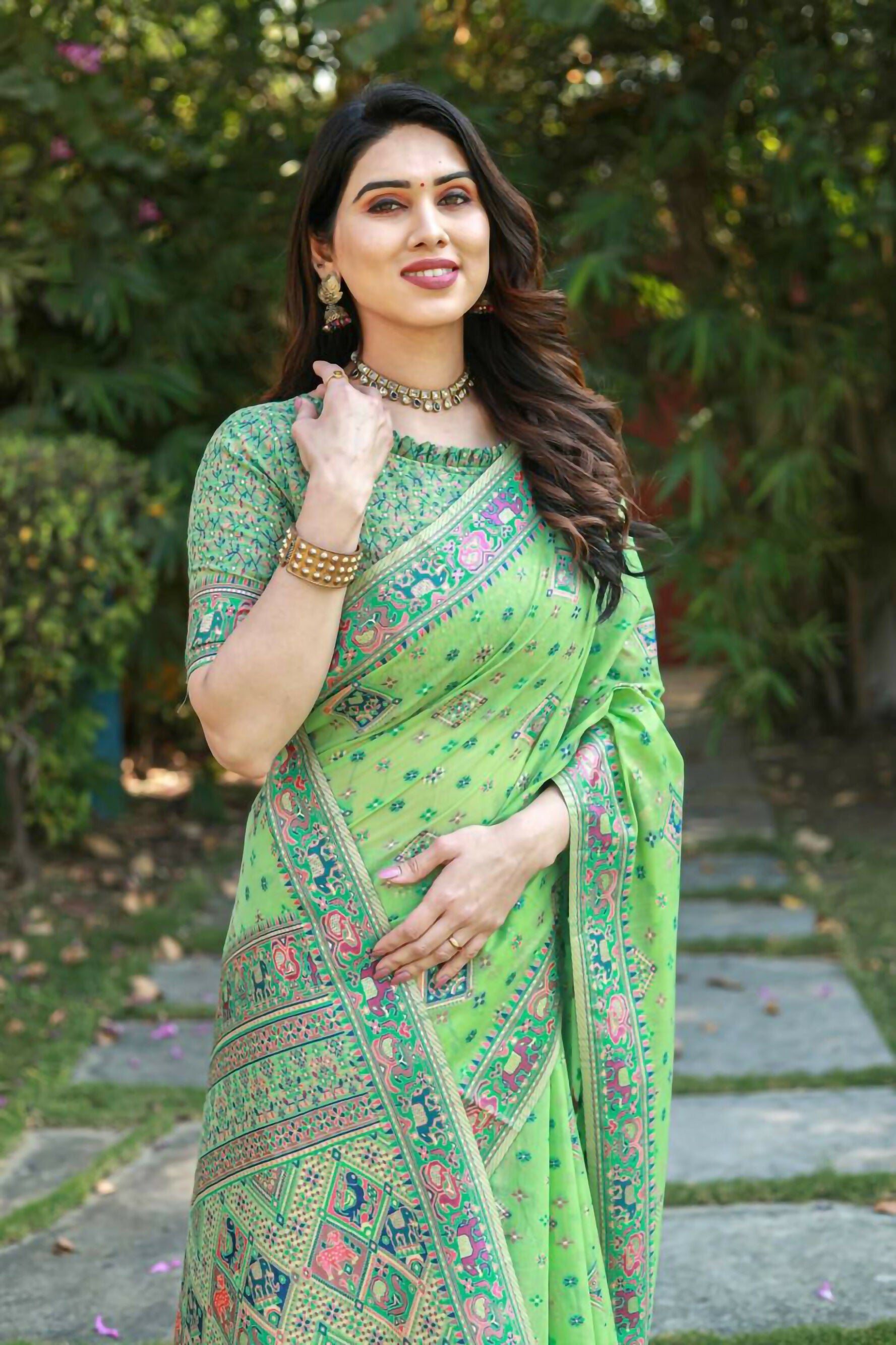 Vastranavya Luxury and Beautiful Soft, Smooth, Flowing Original Pashmina Soft Cotton Saree with Matching Blouse Fabric - Pista