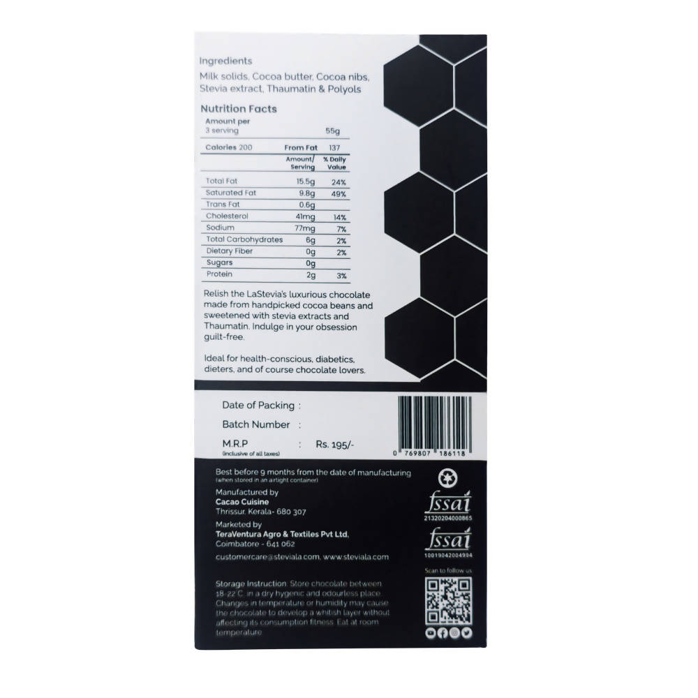 LaStevia Zero Sugar Milk Chocolate Sweetened with Stevia