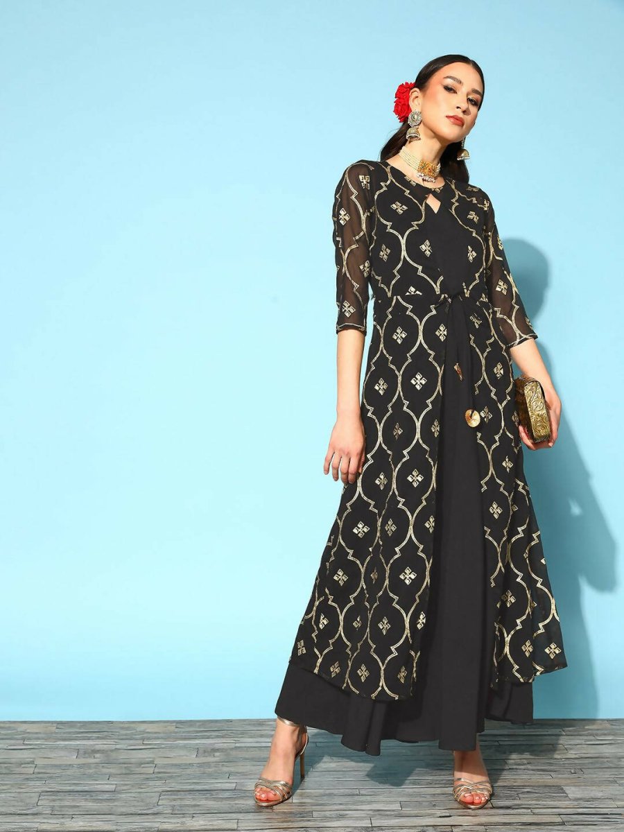Ahalyaa Women's Olive Printed Jacket Style Dress