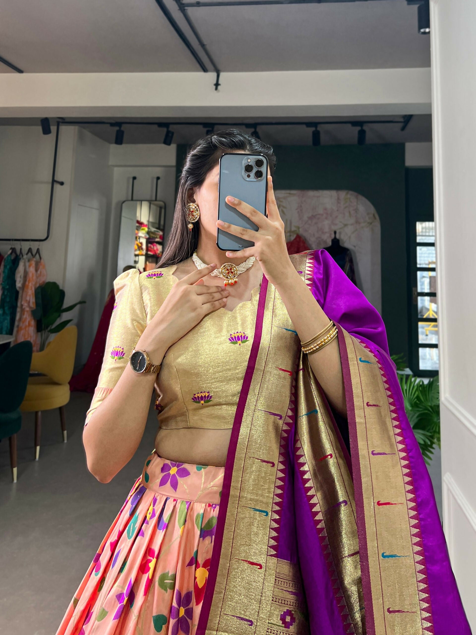 Vastranavya Traditional Jacquard Silk Paithani Lehenga Choli - Peach