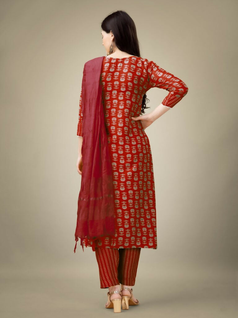 Jyoti Fashion Women's Maroon Rayon Embroidery & Sequence work Kurta with Trouser & Dupatta