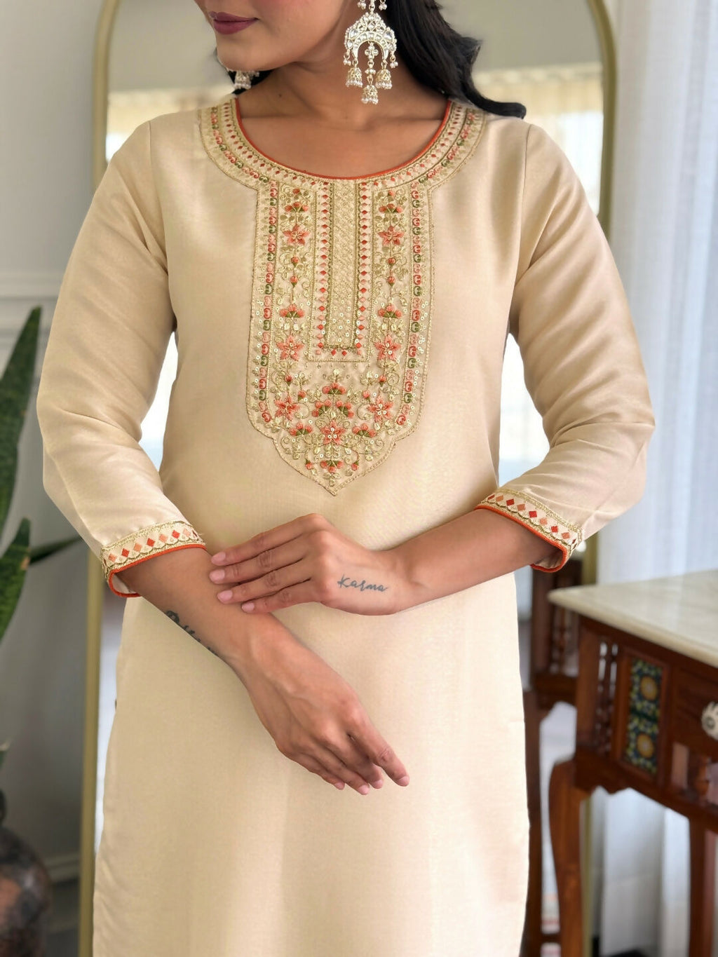 The52 Chiku Women's Beautiful Rayon Fabric Embroidered Work Straight Kurta Pant and Dupatta Set