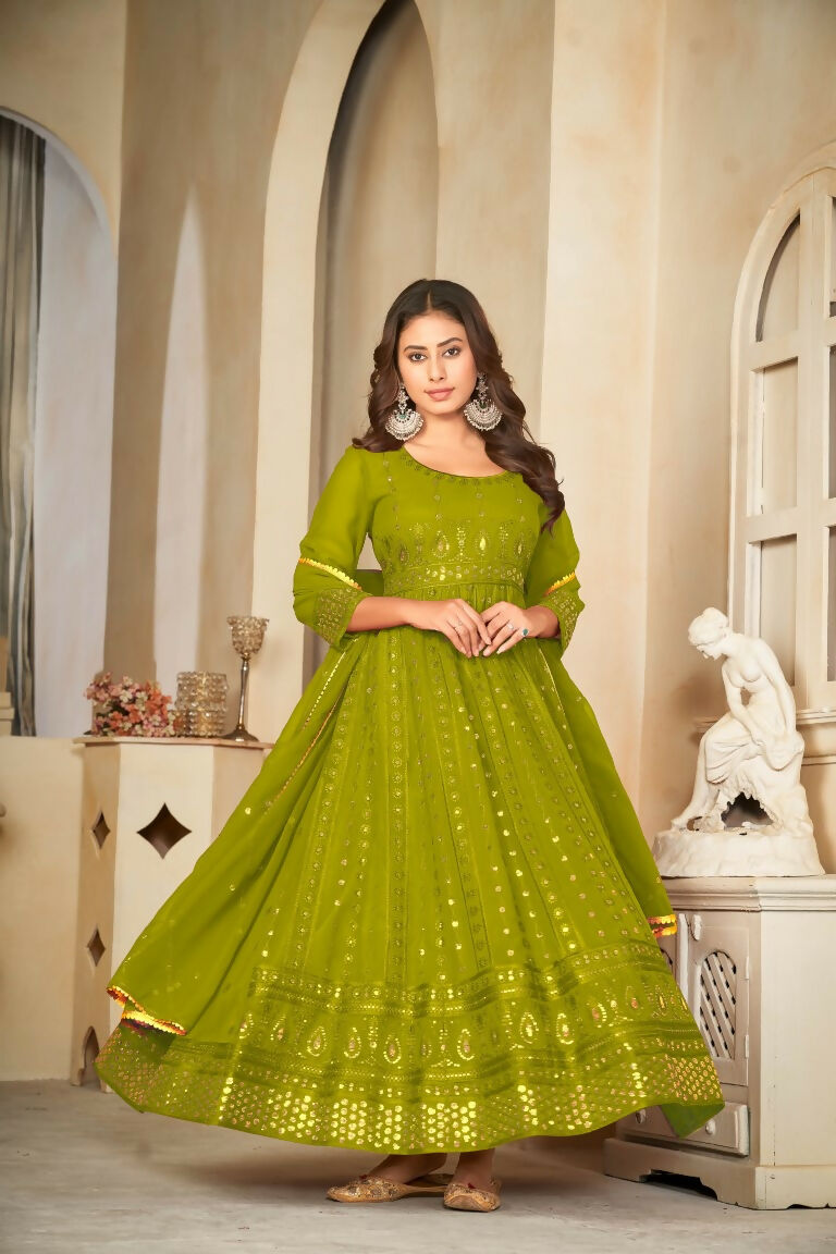 Jyoti Fashion Women's Mehendi Georgette Embroidered Anarkali Kurta Pant Set With Dupatta