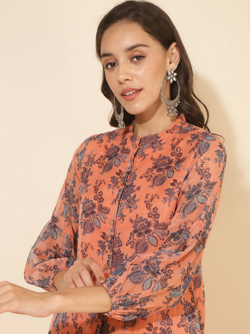 Janasya Women's Peach Chiffon Lurex Floral Printed Festive Regular Co-ords