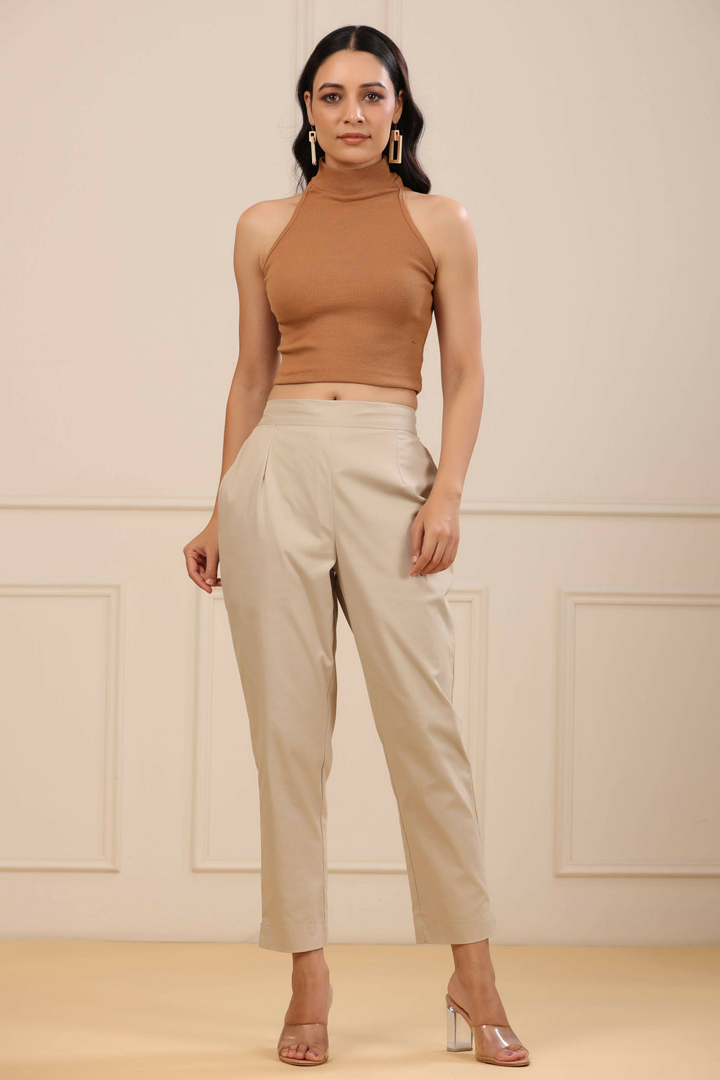 Juniper Women's Beige Cotton Spendex Solid Straight Pant