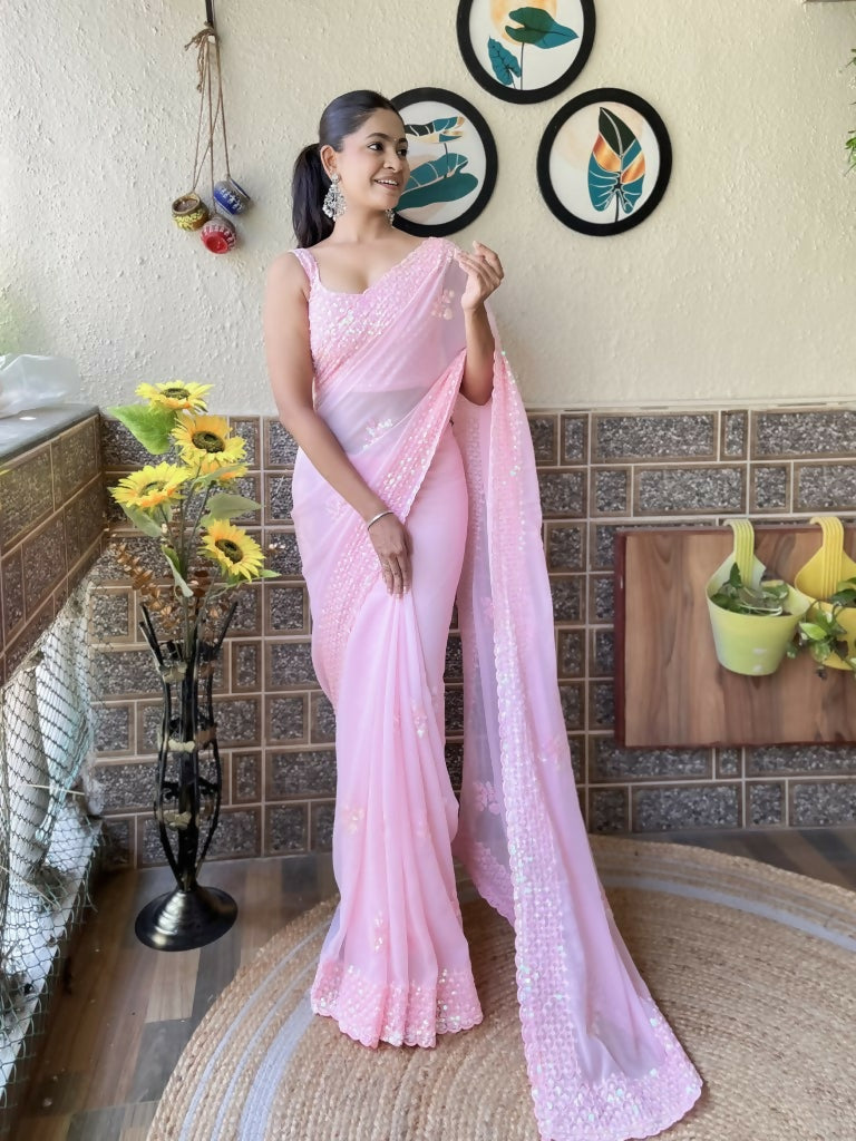 Pink Georgette Sequence Embroidery Cut Work Saree - Saadia