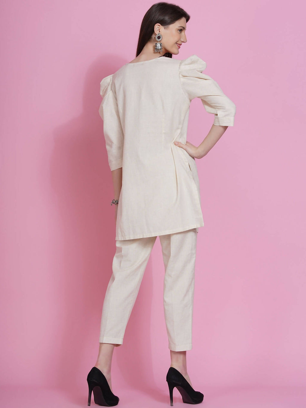Women Republic Off White Cotton Flex Kurta With Attached Necklace And Pants