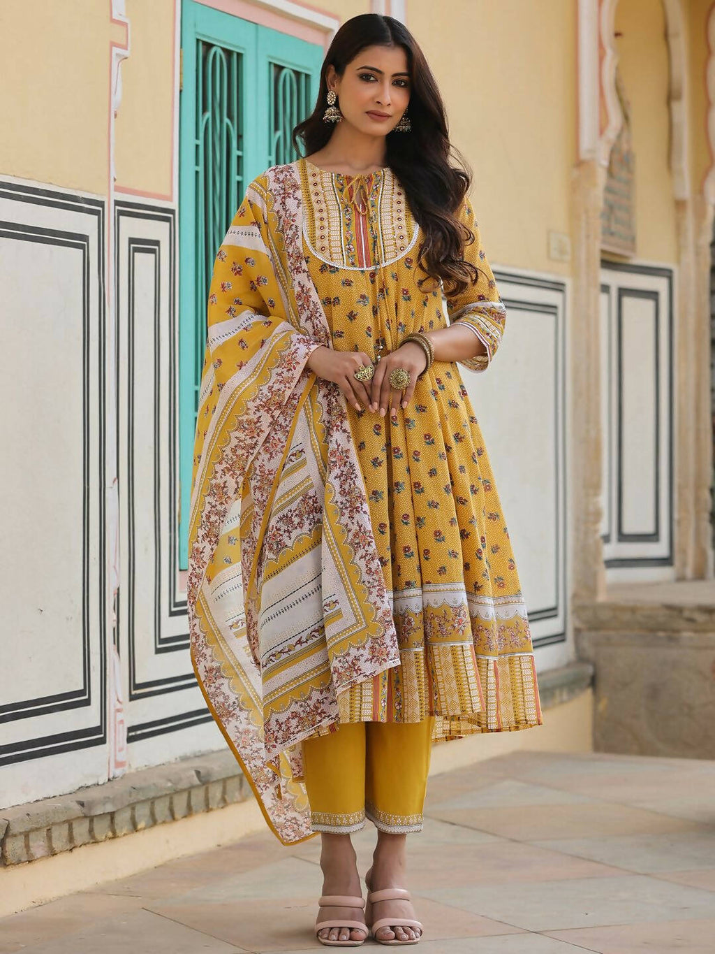 Juniper Women's Mustard Cotton Voile Floral Printed Kurta With Cambric Straight Pant And Voile Duptta