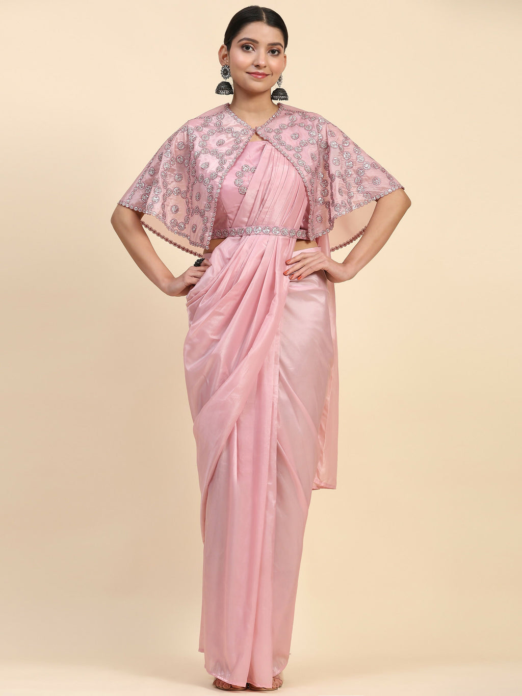 Pink Satin Solid Ready to wear Saree with stitched Blouse - Vanita