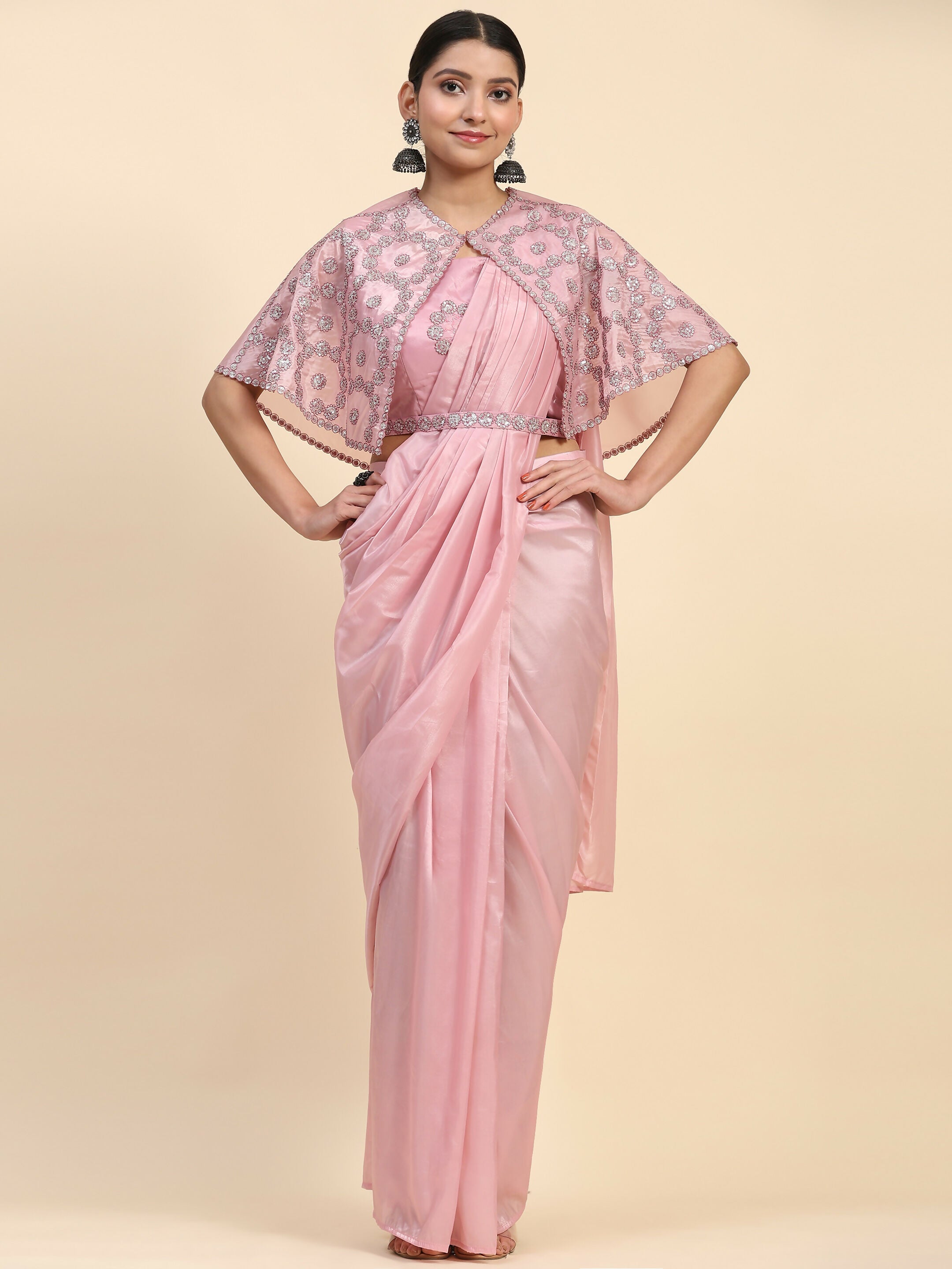 Pink Satin Solid Ready to wear Saree with stitched Blouse - Vanita
