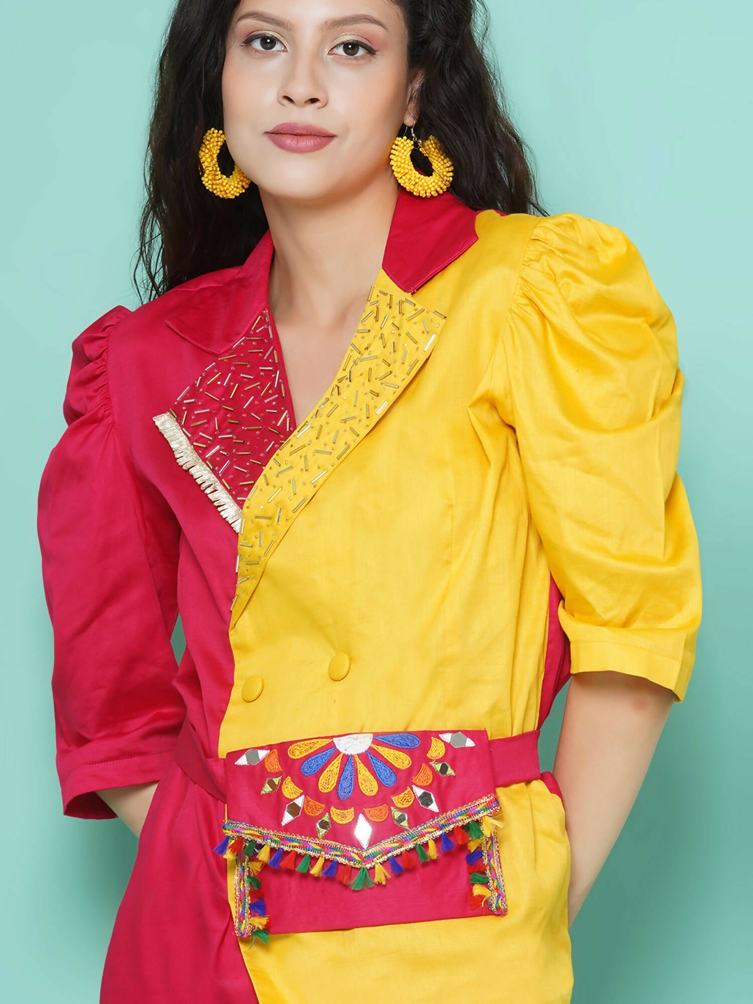 Women Republic Pink And Yellow Cotton Silk hand Embellished Coord set with Pouch