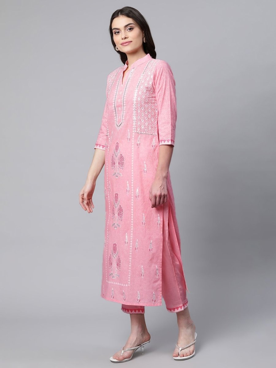 Ahalyaa Women Light Pink Colour Pure Cotton Printed Kurta Pant Set With Dupatta