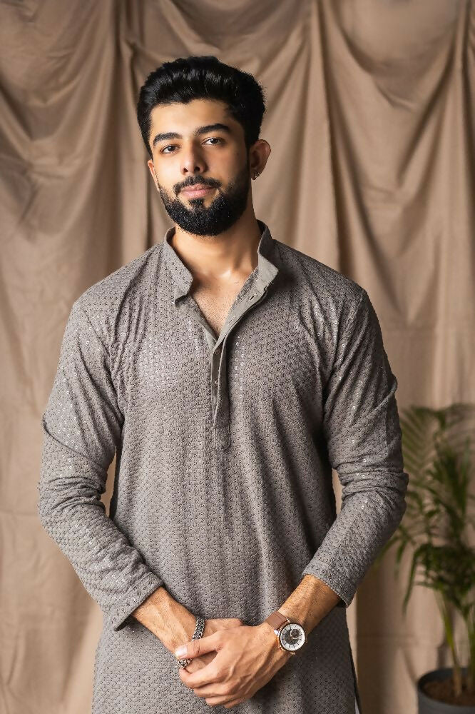 Grey Rayon Thread Embroidery Work Kurta Set - Mahotsav