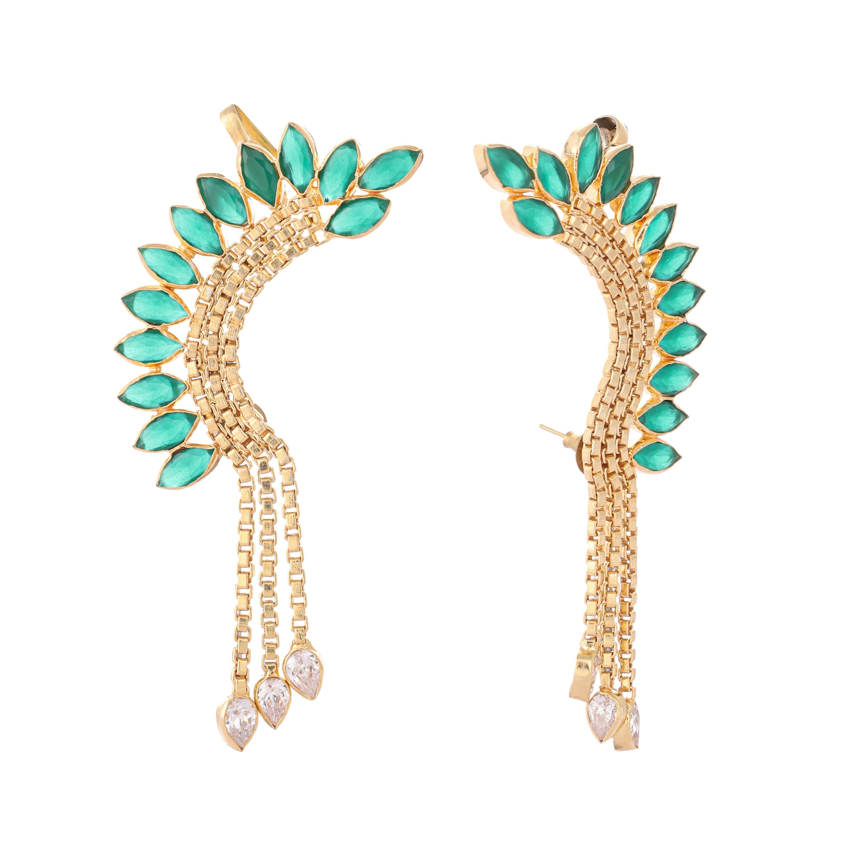 Nuyug 22K Gold Plated Faux Emerald Studded Contemporary Ear Cuff Earrings
