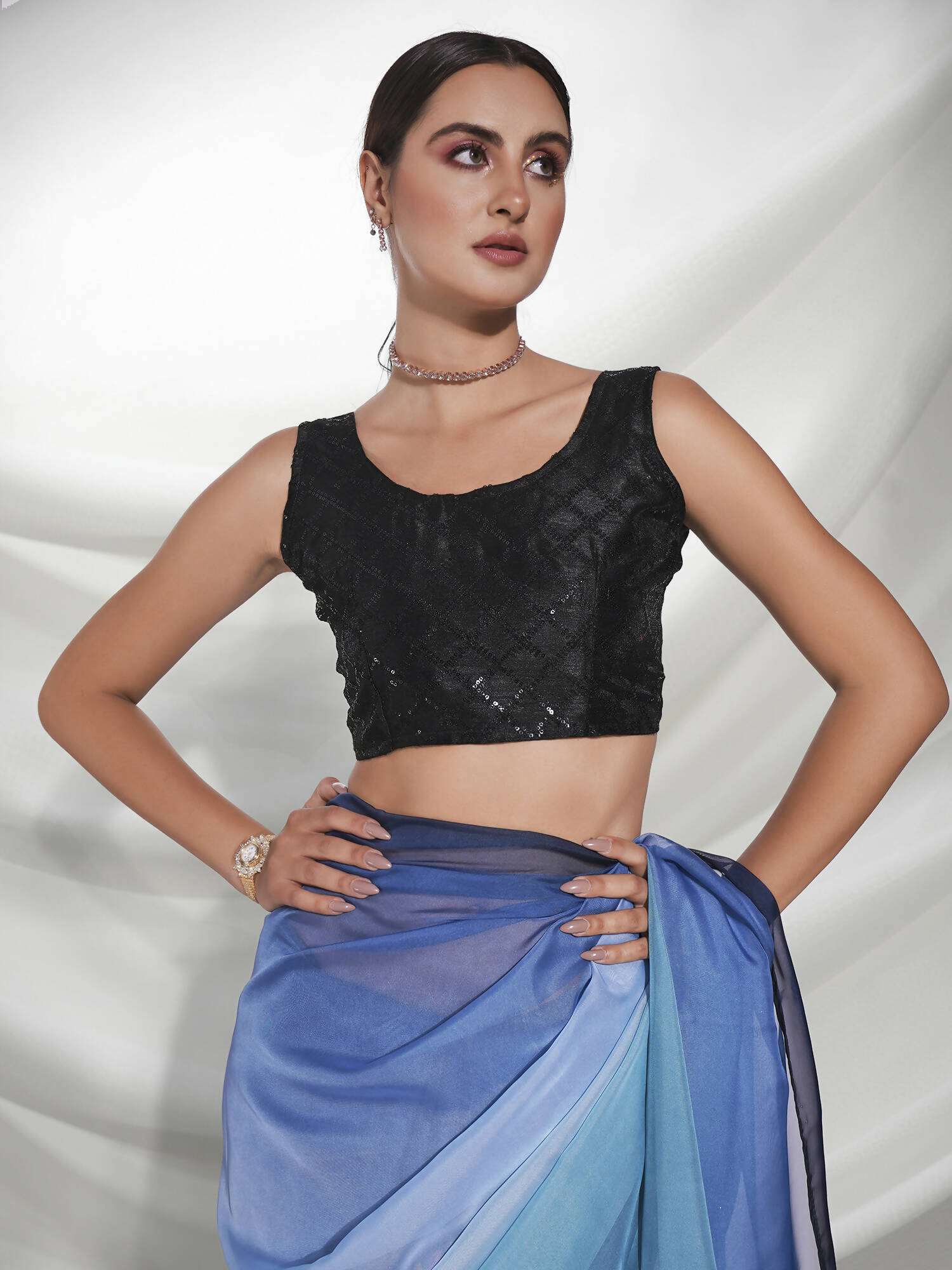 Blue Organza Solid Saree With Unstitched Blouse Piece - Shanaya