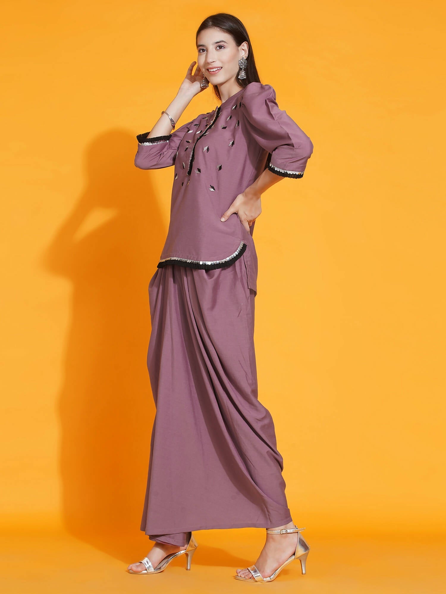 Women Republic Mauve Hand Embellished Kurta With Dhoti