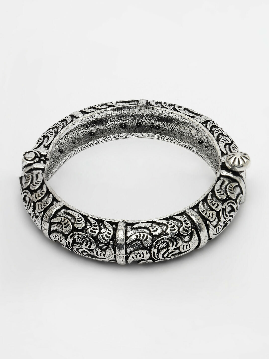 NVR Women's Silver-Toned German Silver Oxidised Kada Bangle