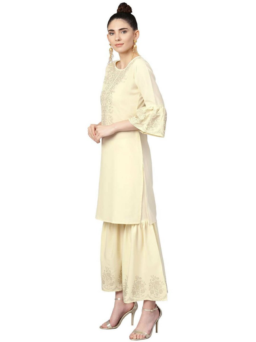 Ahalyaa Cream Crepe Glitter Print Kurta Sharara Set With Dupatta