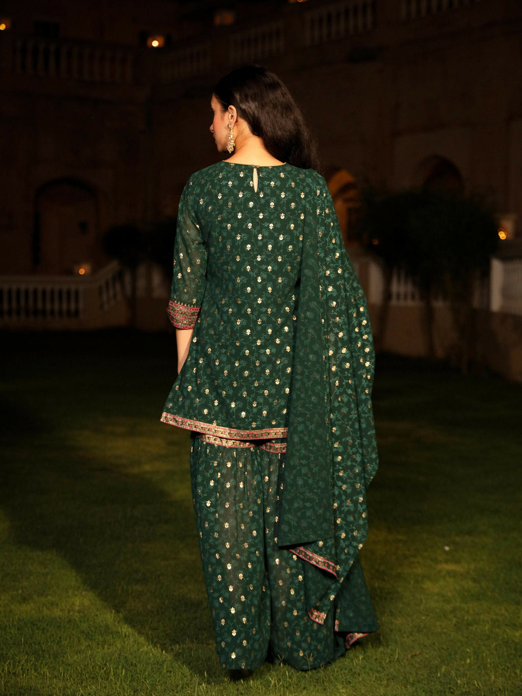 Juniper Women's The Swarn Jade Green Ethnic Motif Printed Georgette Kurta Pant And Dupatta With Sequins & Zari Work